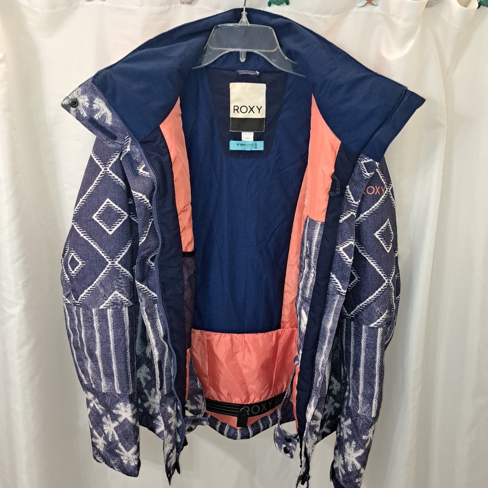 Roxy Ladies L Blue and White Patterned Ski Snow Winter Puffer Jacket Coat EUC - Picture 3 of 5
